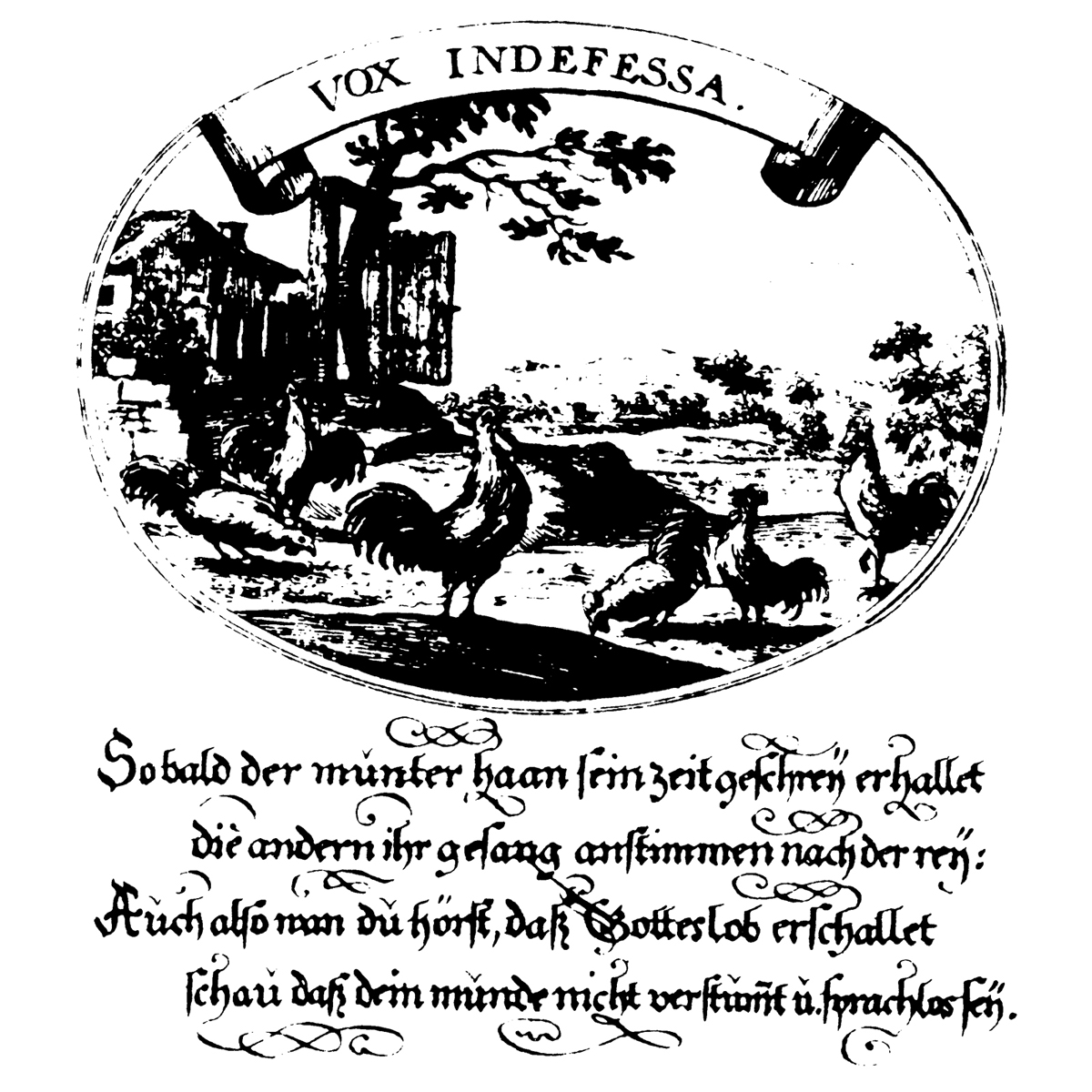 Петушиная побудка. Гравюра на меди. В. Х. фон Хохберг, 1675 г.